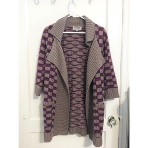 Ecote Chunky Open Front Sweater Purple & Tan Knit Check 3/4 Sleeve Women’s XS
